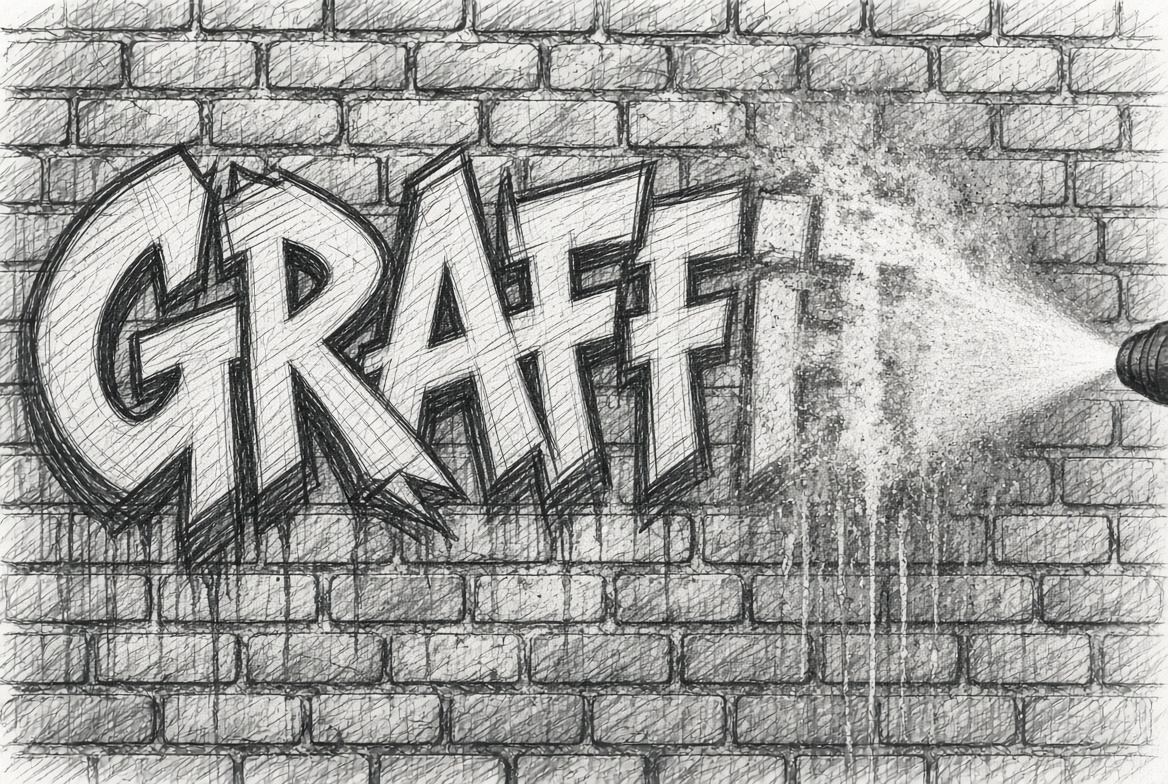 Graffiti being pressure washed from brick wall